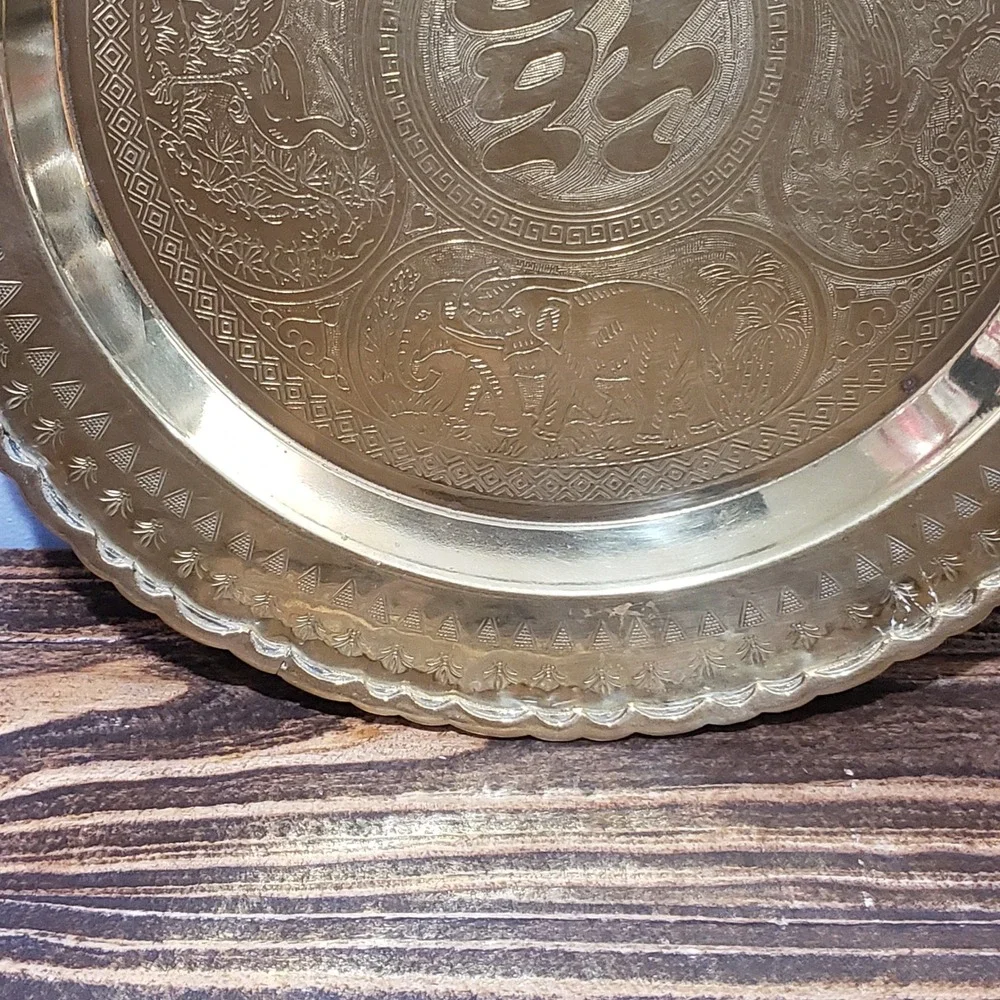 Vintage Brass Wall Hanging Tray 14in Etched Chinese Dragon Elephant Gold Good
